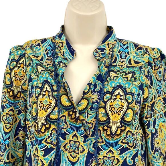 Jade blue & Yellow Print Blouse Size XS - Picture 3 of 10
